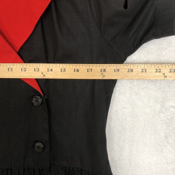 VTG NAYA 1980s Drop Waist Midi Dress Sz S Black Red 100% Cotton Button Pockets - Picture 7 of 12